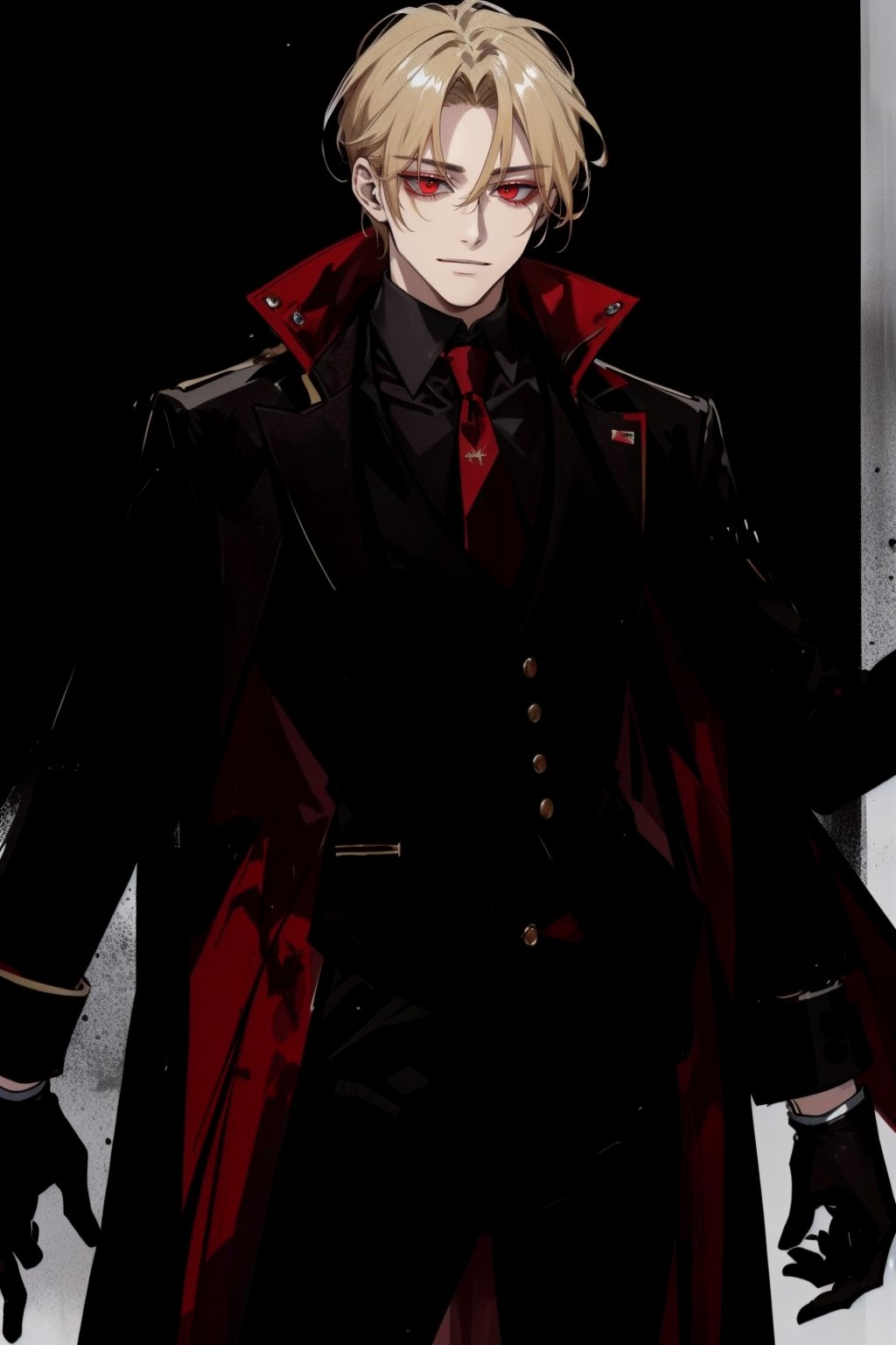 (masterpiece, best quality, highres:1.3), ( young handsome man, blonde hair, red eyes, glowing eyes, levi ackerman hairstyle,)  red and black outfit, in dark clothes, dark red clothes, black pants, standing, gloves, long sleeves, closed mouth, jacket, male focus, glowing eyes, smirk, evil, cold, villian, suit, waistcoat, shirt, tie, 