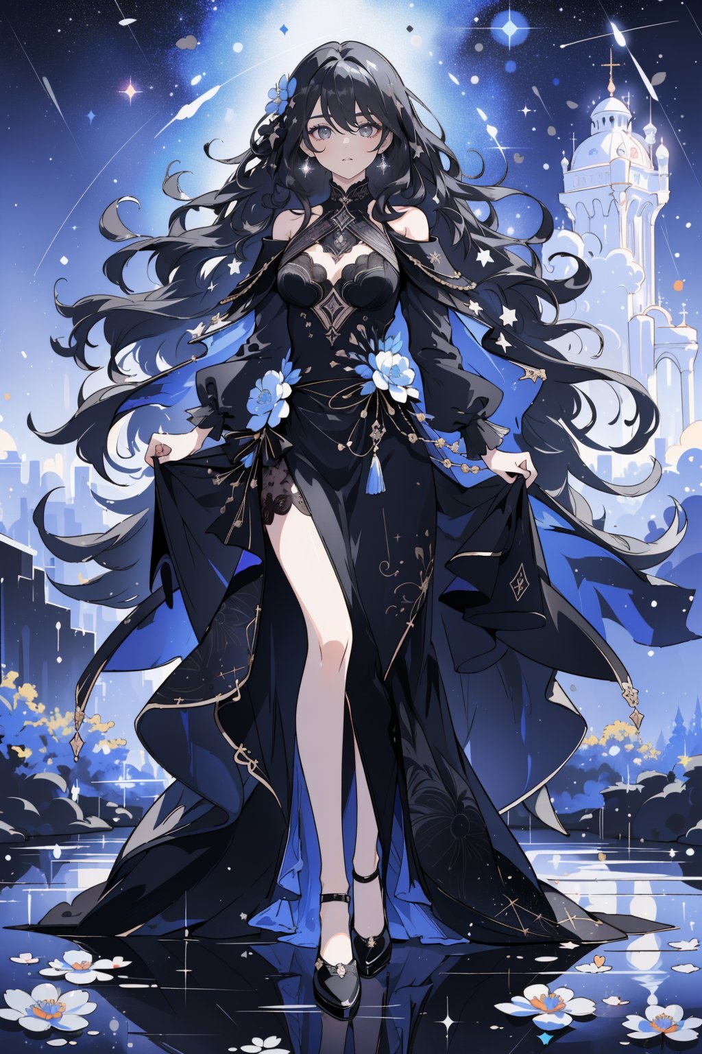 (masterpiece, best quality, highres:1.3), (Grey eyes, black hair, medium hair, wavy hair, hair between eyes, 1girl, small breasts) water, liquid, colorful, anemone flowers bloom around, beautiful night, Starry sky, raining, Fantastic night, fullbody, black, black swan, black and white,