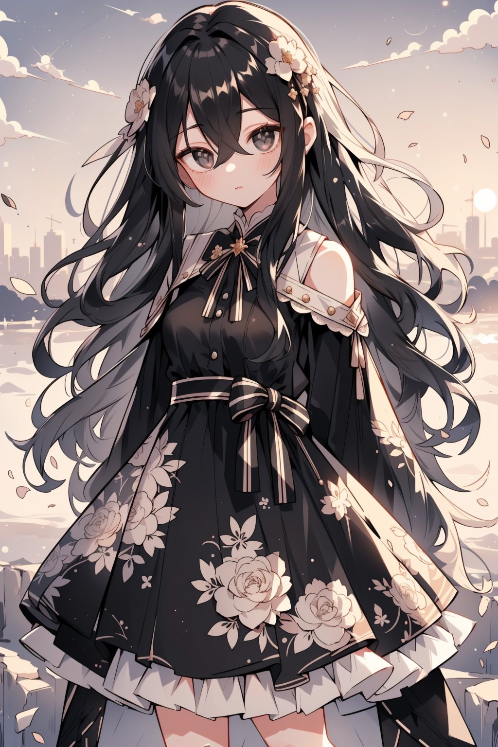 (masterpiece, best quality, highres:1.3), (Grey eyes, black hair, medium hair, wavy hair, hair between eyes, 1girl, small breasts) (cute background:1.2) dress, floral patterns, ribbons,  white, beige,  cozy, cotagge, sunset, fields,