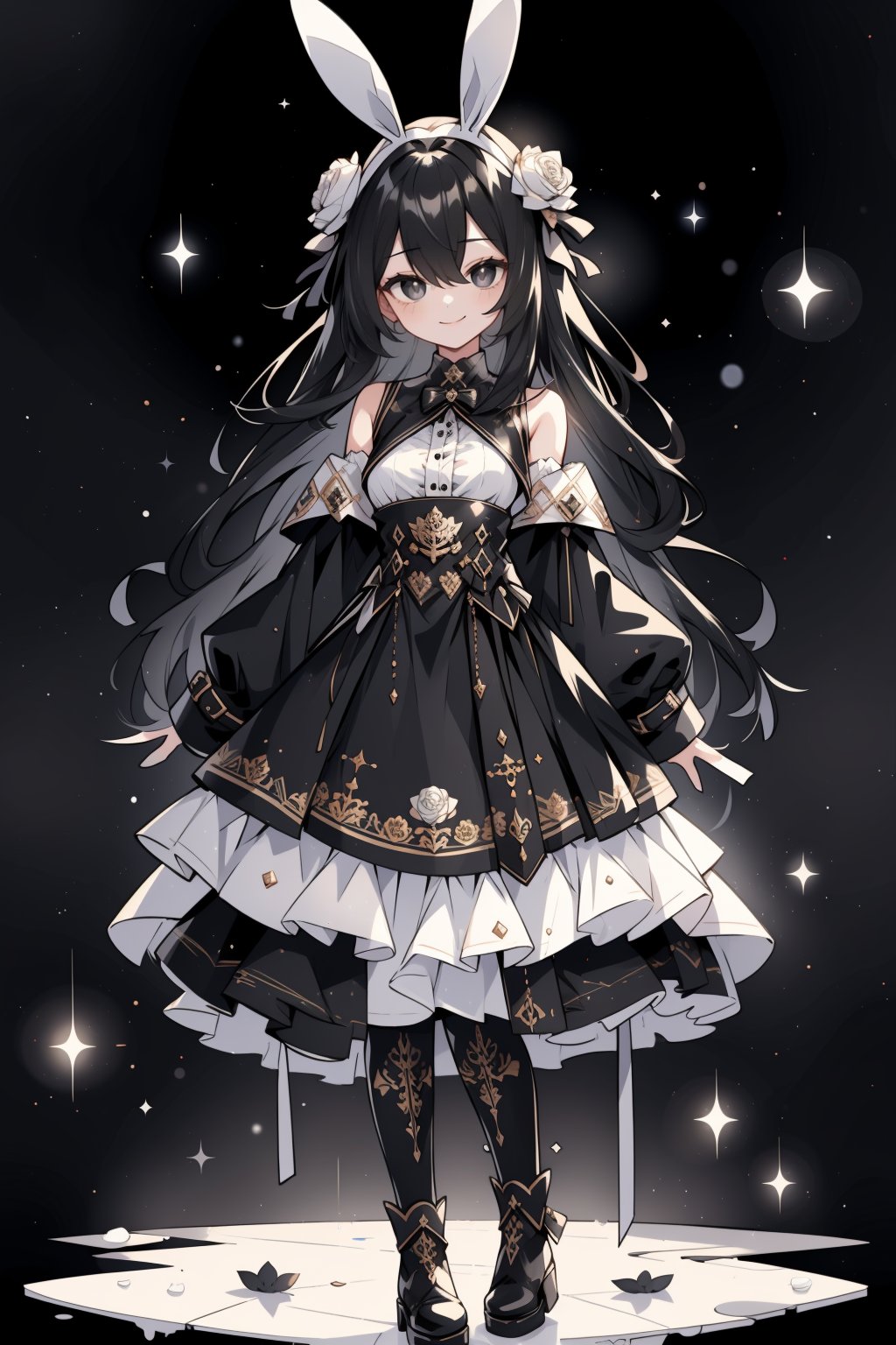 (masterpiece, best quality, highres:1.3), (Grey eyes, black hair, medium hair, wavy hair, hair between eyes, 1girl, small breasts) (cute background:1.2)  black and white dress, wonderland,  bunny,  black pantyhose,  fullbody, black boots, ankle-high-boots, smiling, looking_at_viewer,  black background,  white roses, field of white roses, raining, sad smile, 