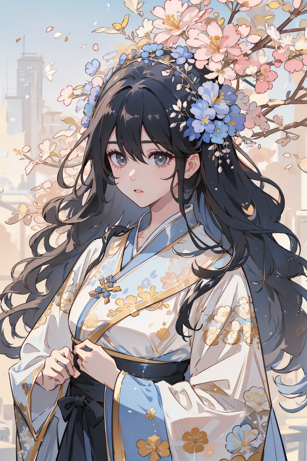 (masterpiece, best quality, highres:1.3), (Gray eyes, black hair, medium hair, wavy hair, hair between eyes, 1girl, small breasts)  hair adorned with floral decorations. She wears a traditional blue and white hanfu, and appears surrounded by large, blooming flowers and leaves that complement the floral headpiece. The background is a deep, muted blue, which enhances the warm tones of the flowers and her attire. Her expression is serene and her eyes are large and expressive, adding to the gentle and elegant feel of the artwork.