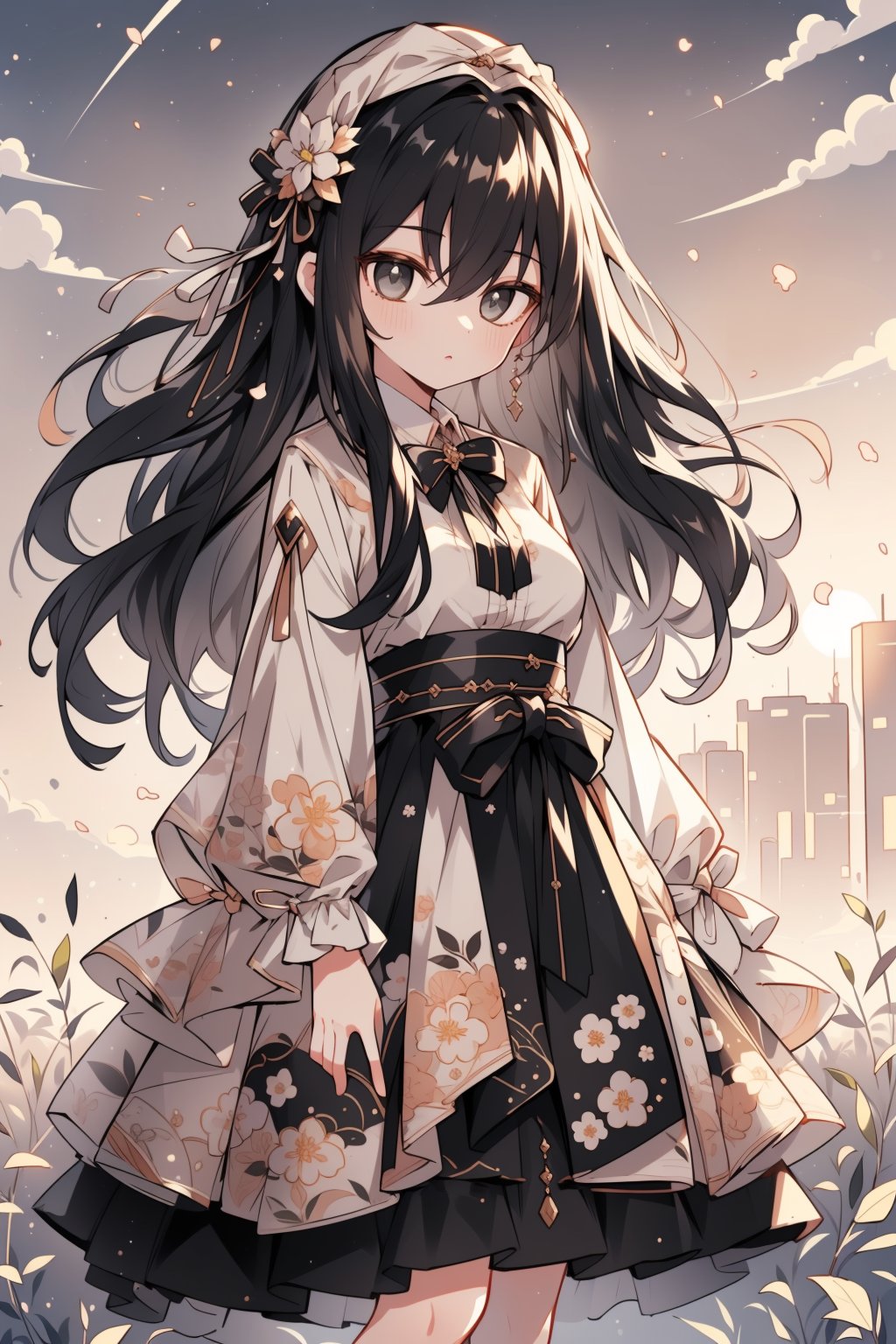 (masterpiece, best quality, highres:1.3), (Grey eyes, black hair, medium hair, wavy hair, hair between eyes, 1girl, small breasts) (cute background:1.2) dress, floral patterns, ribbons,  white, beige,  cozy, cotagge, sunset, fields,