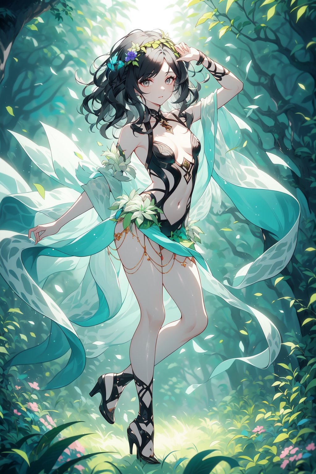 (Gray eyes, 1girl, medium hair, wavy hair, small breasts, black hair), fullbody, In a lush forest, a goddess of nature dances among the trees, her skin glowing with the vibrant colors of the flowers and plants that surround her.