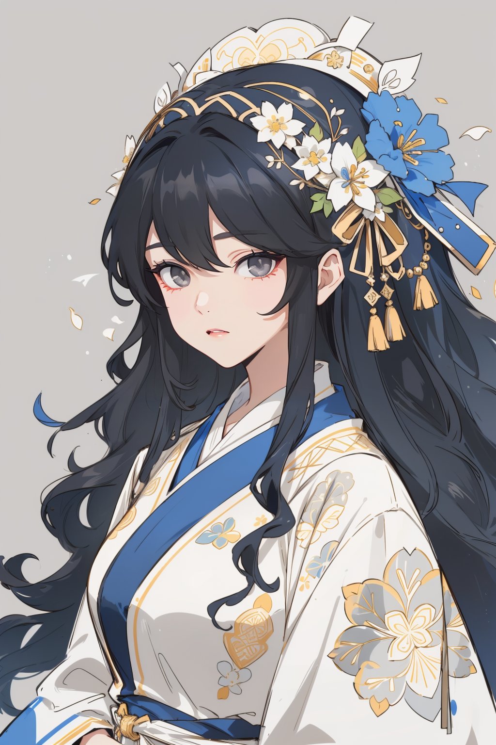 (masterpiece, best quality, highres:1.3), (Gray eyes, black hair, medium hair, wavy hair, hair between eyes, 1girl, small breasts)  hair adorned with floral decorations. She wears a traditional blue and white hanfu, and appears surrounded by large, blooming flowers and leaves that complement the floral headpiece. The background is a deep, muted blue, which enhances the warm tones of the flowers and her attire. Her expression is serene and her eyes are large and expressive, adding to the gentle and elegant feel of the artwork.,sketch style