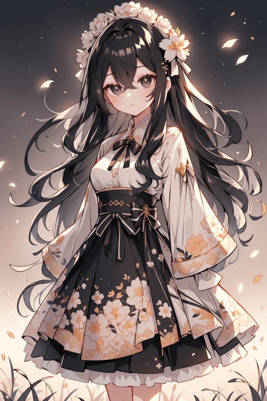 (masterpiece, best quality, highres:1.3), (Grey eyes, black hair, medium hair, wavy hair, hair between eyes, 1girl, small breasts) (cute background:1.2) dress, floral patterns, ribbons,  white, beige,  cozy, cotagge, sunset, fields,