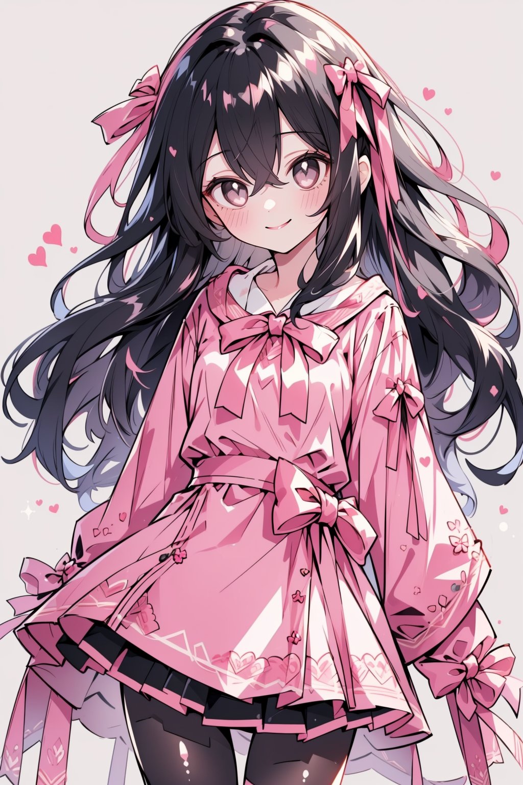 (masterpiece, best quality, highres:1.3), (Grey eyes, black hair, medium hair, wavy hair, hair between eyes, 1girl, small breasts) (cute background:1.2) coquette style clothing, pink colors, pantyhose,  smiling, looking_at_viewer, ribbons,  