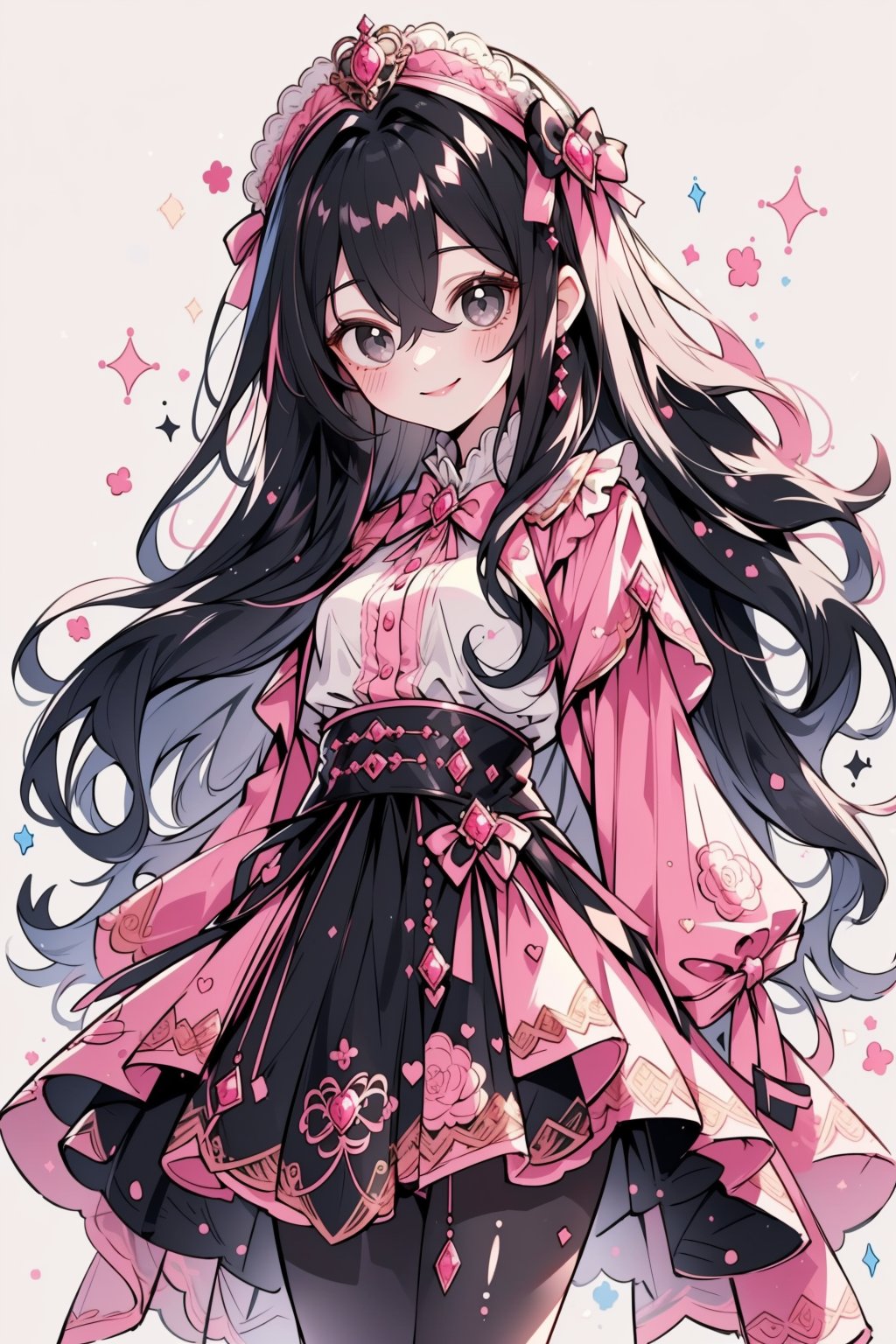 (masterpiece, best quality, highres:1.3), (Grey eyes, black hair, medium hair, wavy hair, hair between eyes, 1girl, small breasts) (cute background:1.2) rococo style clothing, pink colors, pantyhose,  smiling, looking_at_viewer,  