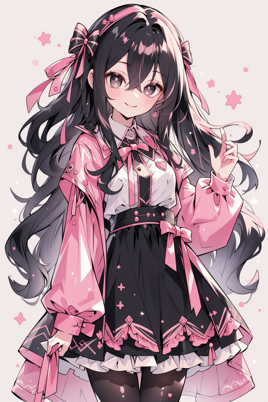 (masterpiece, best quality, highres:1.3), (Grey eyes, black hair, medium hair, wavy hair, hair between eyes, 1girl, small breasts) (cute background:1.2) coquette style clothing, pink colors, pantyhose,  smiling, looking_at_viewer, ribbons,  