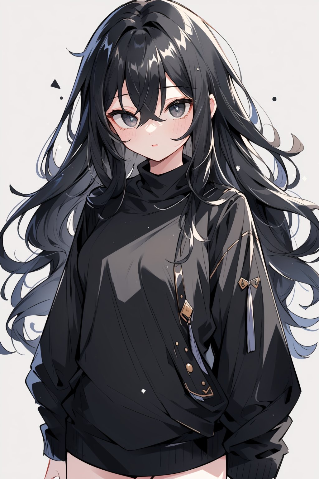 (masterpiece, best quality, highres:1.3), (Grey eyes, black hair, medium hair, wavy hair, hair between eyes, 1girl, small breasts) (cute background:1.2) Y3k style, Y3k clothes 