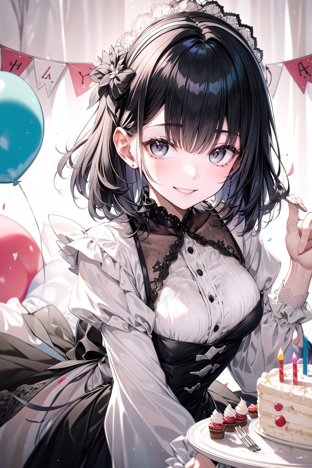 (Gray eyes, black hair, medium hair, wavy hair, small breasts, 1girl), indooors, smiling, birthday, birthday party, cake, birthday cake, happy, looking_at_viewer 