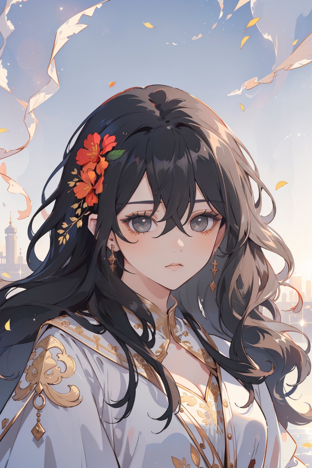 (masterpiece, best quality, highres:1.3), (Grey eyes, black hair, medium hair, wavy hair, hair between eyes, 1girl, small breasts) (Beautifully Aesthetic:1.2), portrait, With each new sunrise, Hope blooms like a wildflower, Dreams take flight and rise, stunning gradient colors, detailed background,