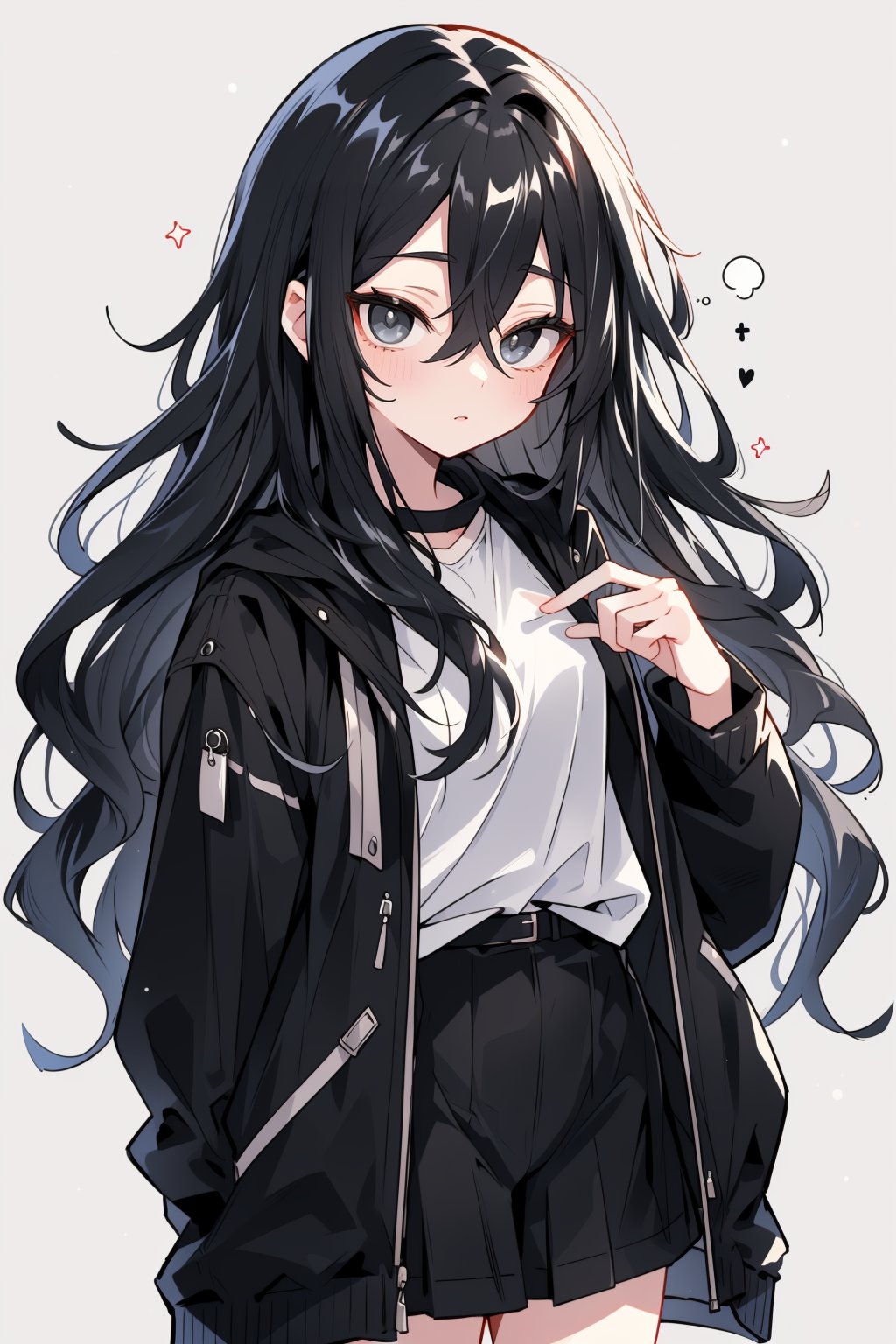 (masterpiece, best quality, highres:1.3), (Grey eyes, black hair, medium hair, wavy hair, hair between eyes, 1girl, small breasts) (cute background:1.2) Y3k style, Y3k clothes 