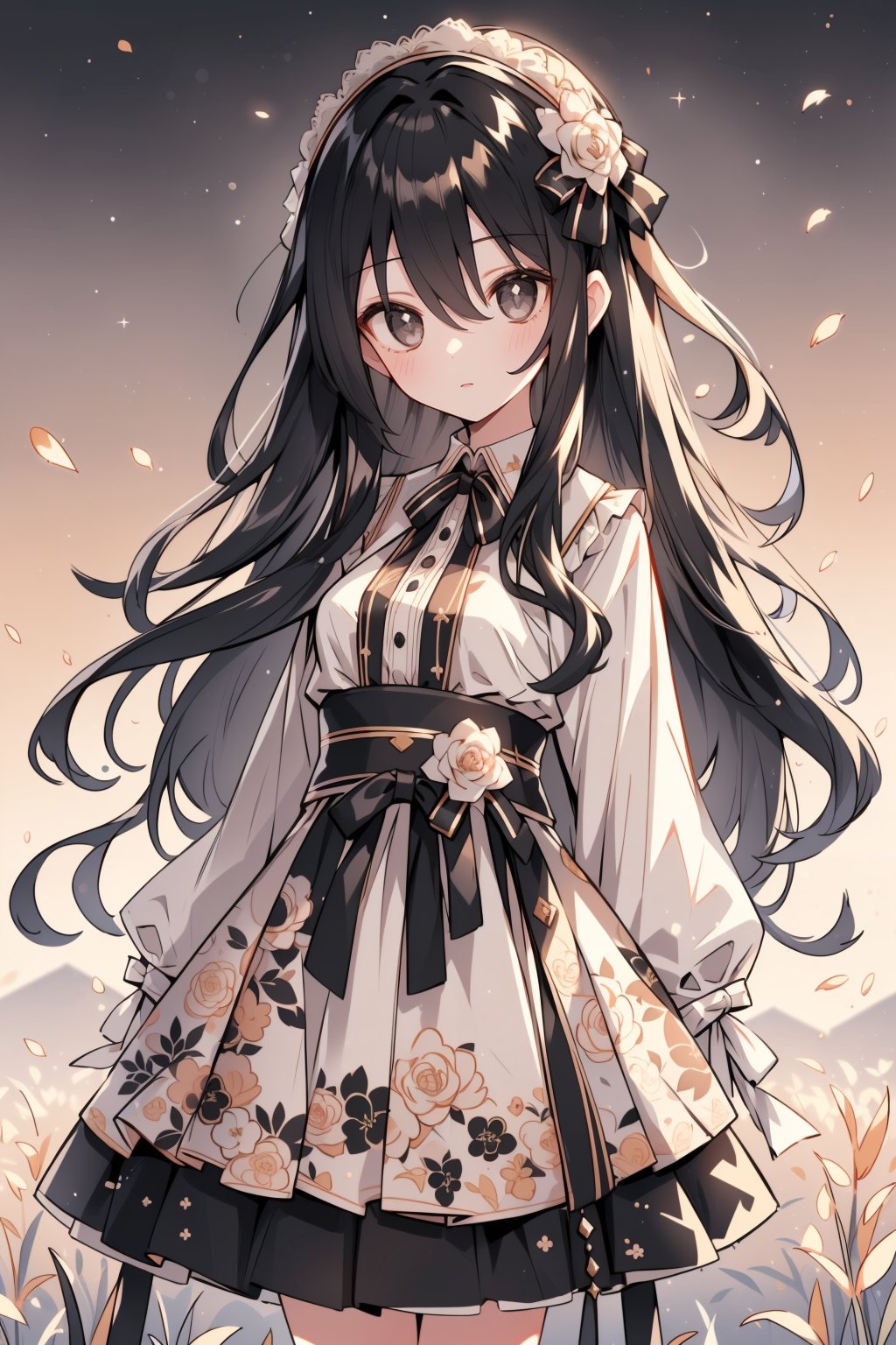 (masterpiece, best quality, highres:1.3), (Grey eyes, black hair, medium hair, wavy hair, hair between eyes, 1girl, small breasts) (cute background:1.2) dress, floral patterns, ribbons,  white, beige,  cozy, cotagge, sunset, fields,