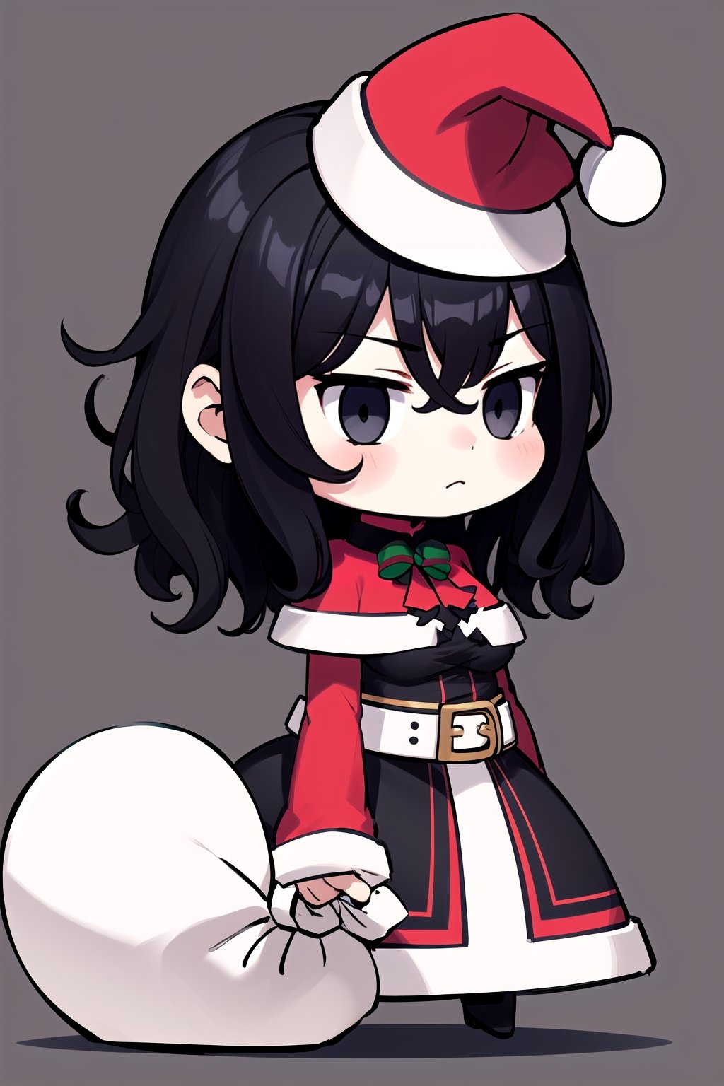 (Gray eyes, black hair, medium hair, wavy hair, small breasts, 1girl),  padoru meme,holding sack, santa hat, chibi,padoru meme