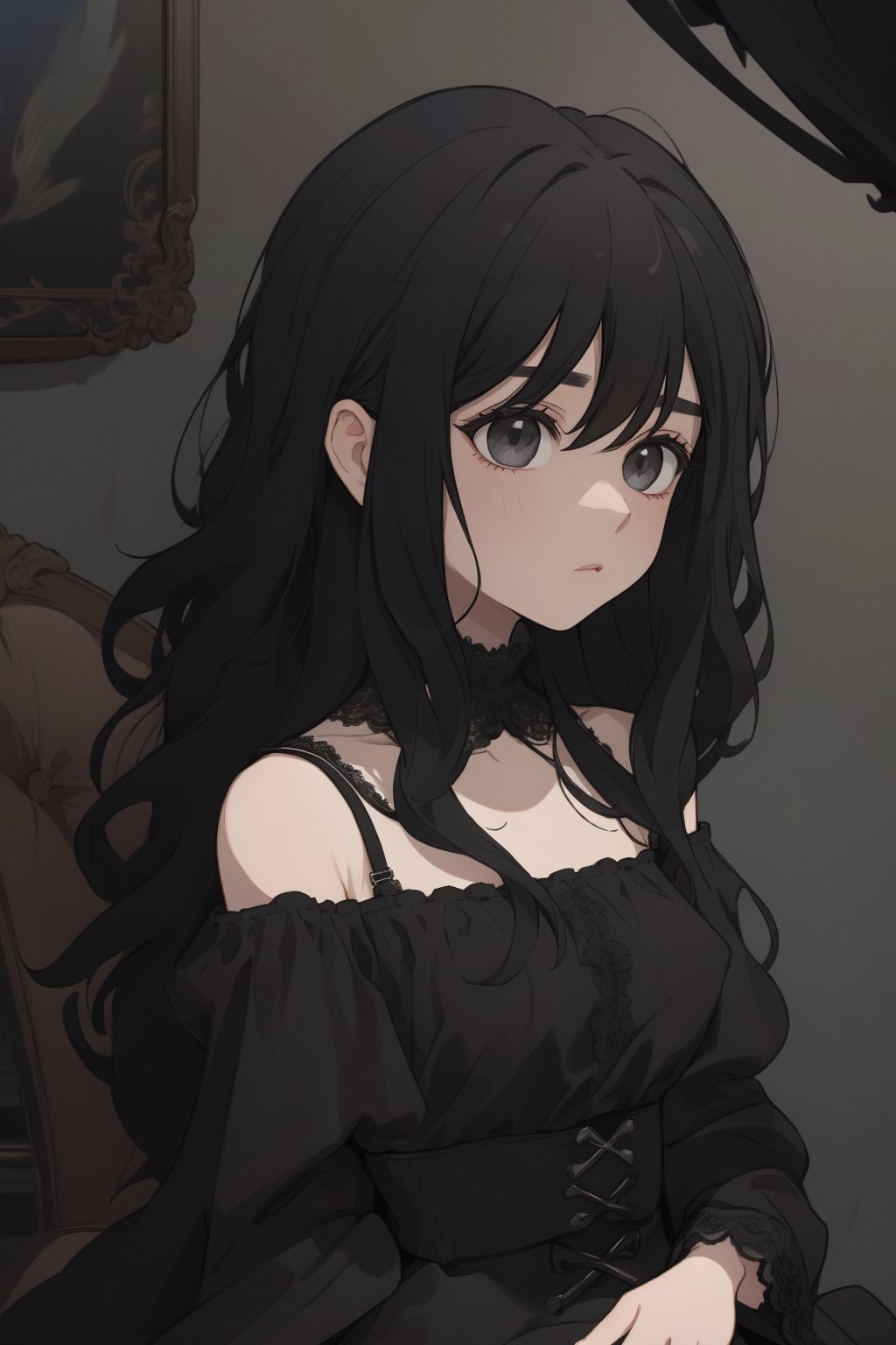 (masterpiece, best quality, highres:1.3), (Gray eyes, black hair, medium hair, wavy hair, hair between eyes, 1girl, small breasts) upperbody, 
 expressive eyes, wearing a black off-shoulder dress with lace and ruffle details, Her expression is somber, Dark, wilted roses and their stems form part of the background, melancholic atmosphere, somber and melancholic, The colors are muted and dark,CutePatinting