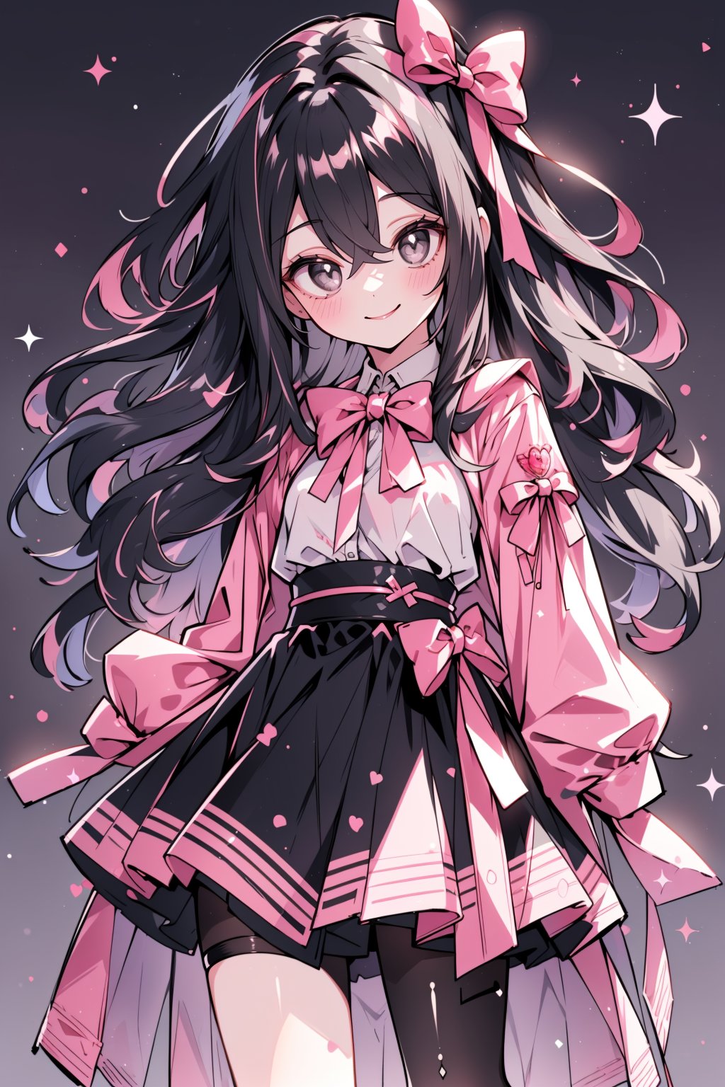 (masterpiece, best quality, highres:1.3), (Grey eyes, black hair, medium hair, wavy hair, hair between eyes, 1girl, small breasts) (cute background:1.2) coquette style clothing, pink colors, pantyhose,  smiling, looking_at_viewer, ribbons,  