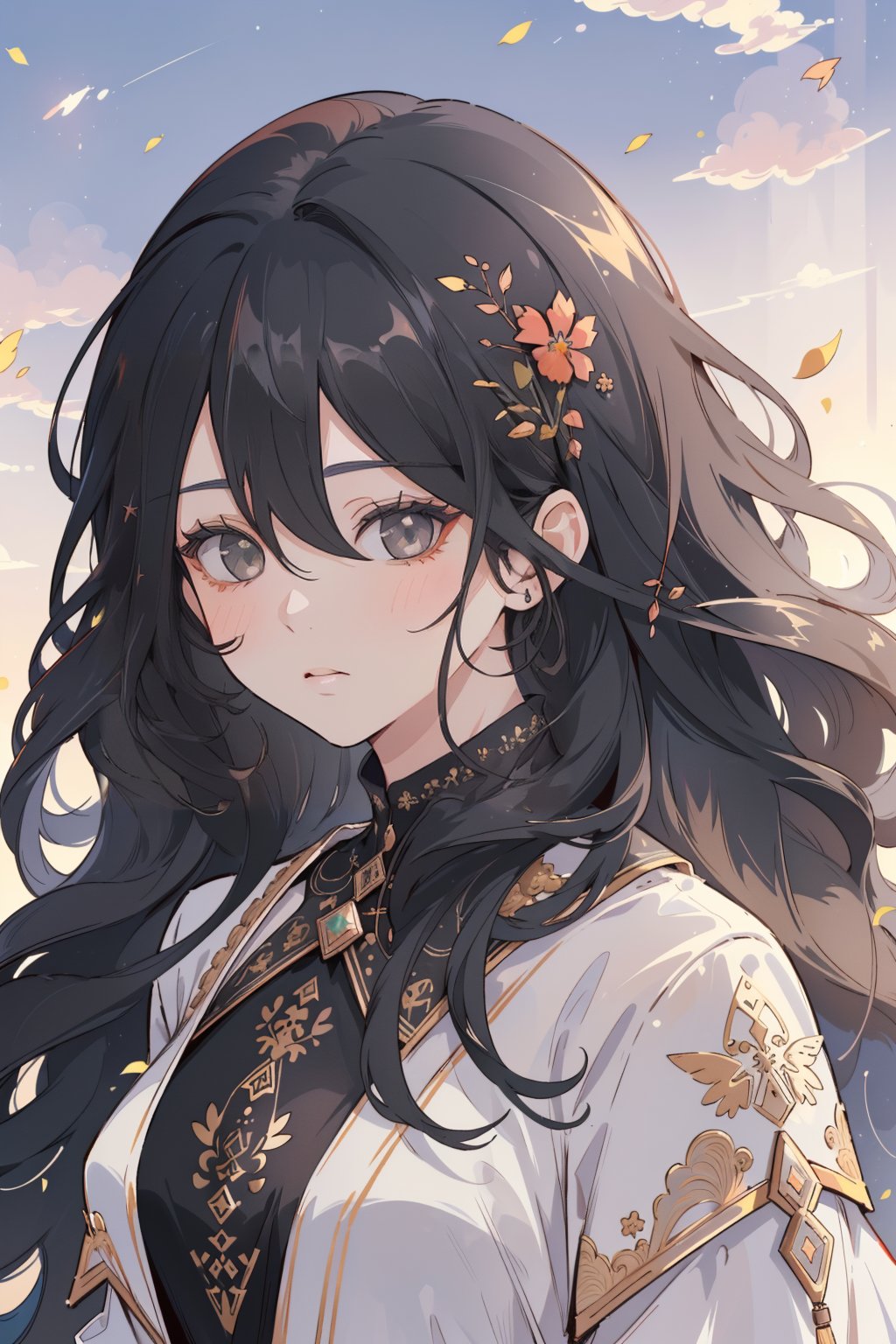 (masterpiece, best quality, highres:1.3), (Grey eyes, black hair, medium hair, wavy hair, hair between eyes, 1girl, small breasts) (Beautifully Aesthetic:1.2), portrait, With each new sunrise, Hope blooms like a wildflower, Dreams take flight and rise, stunning gradient colors, detailed background,