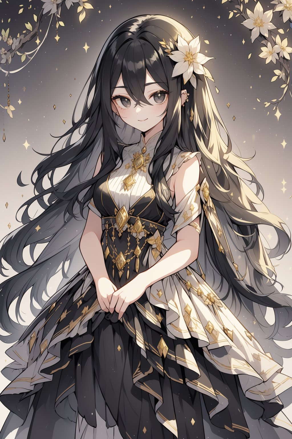 (masterpiece, best quality, highres:1.3), (Grey eyes, black hair, medium hair, wavy hair, hair between eyes, 1girl, small breasts) (cute background:1.2) A serene twilight scene: a woman with piercing grey eyes and raven-black hair, styled in soft waves that fall just between her eyebrows. She wears a dress that complements the vibrant colors of the field of flowers surrounding her, where a delicate flower is artfully woven into her locks. A hair ornament sparkles at the crown of her head as she smiles softly, her legs clad in pantyhose beneath the flowing folds of her garment. The landscape stretches out behind her, bathed in the warm, gentle glow of twilight, creating a breathtakingly beautiful tableau.