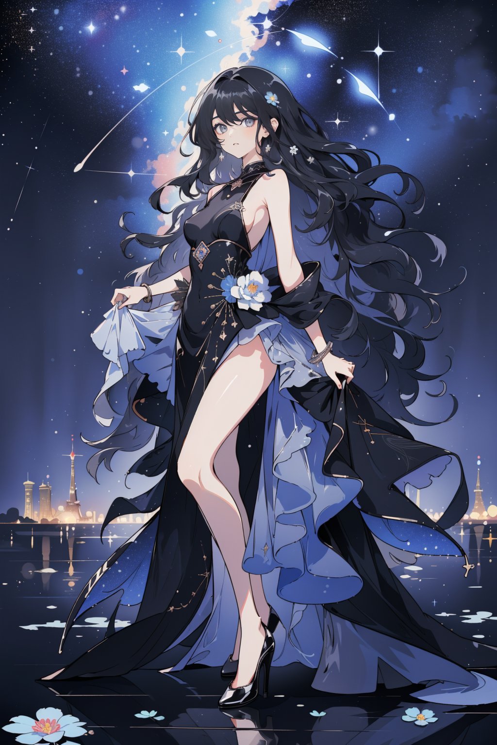 (masterpiece, best quality, highres:1.3), (Grey eyes, black hair, medium hair, wavy hair, hair between eyes, 1girl, small breasts) water, liquid, colorful, anemone flowers bloom around, beautiful night, Starry sky, raining, Fantastic night, fullbody, black, black swan, black and white,