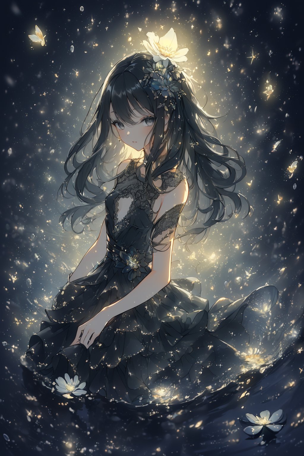  (masterpiece, best quality, highres:1.3), (grey eyes, black hair, medium hair, wavy hair, hair between eyes, 1girl, small breasts) water, liquid, colorful, anemone flowers bloom around, beautiful night, Starry sky, raining, Fantastic night, black, black swan, black and white,black dress, solo, upperbody