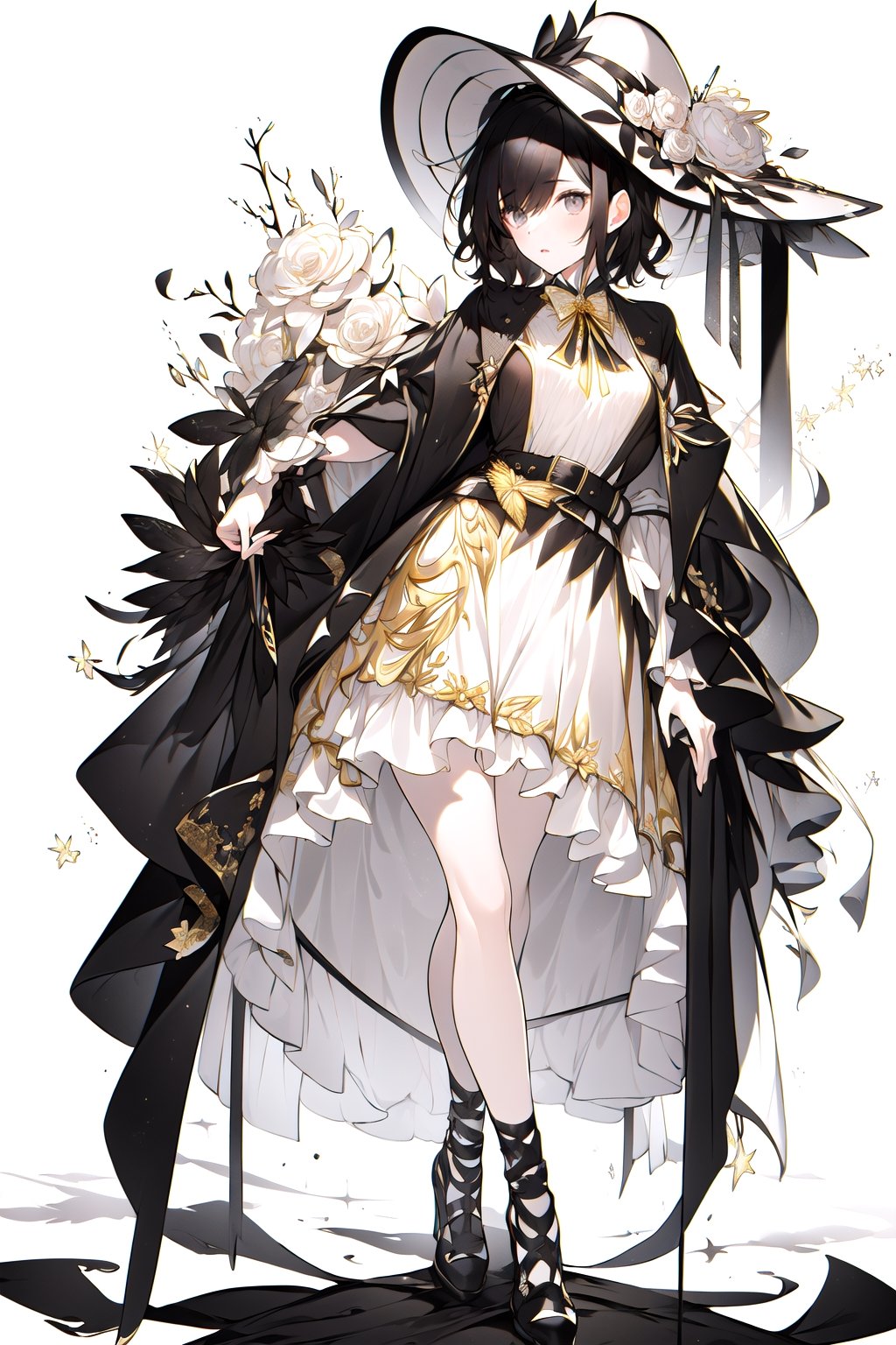 (Gray eyes, black hair, medium hair, wavy hair, small breasts, 1girl), dress decored with flowers, dress with belt, blazer, ribbons, fancy_hat, flowers in hair, hair_ornaments, black, black, white, gold,  full body,FlowerOverEye