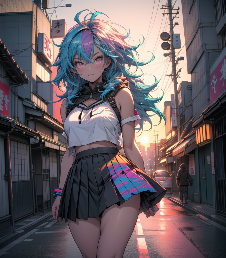 girl, best quality, masterpiece, 8k, (colorful hair:1.2), long hair, dinamic angle, detailed background, skirt, crop hood, tokyo neon, sunset, perspective, breast, blue hair, thighs, skirt