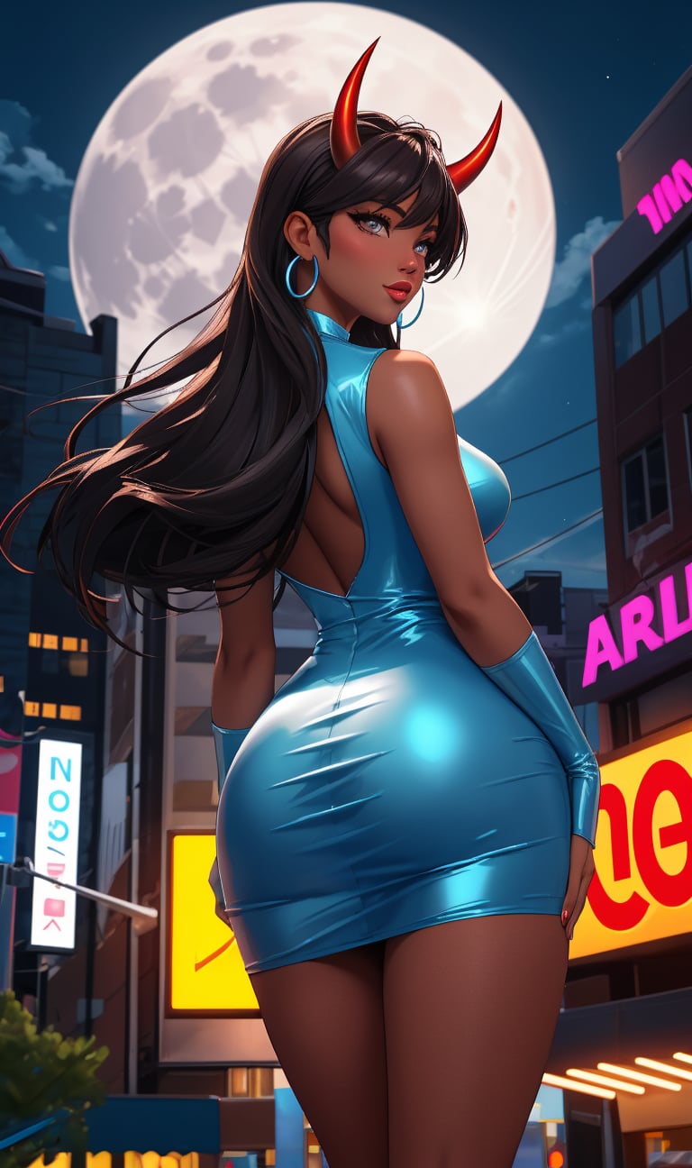 hot woman, sexy, city, clouds, lighting, big moon, night, big thighs, from back, perspective, long hair, silver dress, sensual, blue horns, neon, brown skin, alien