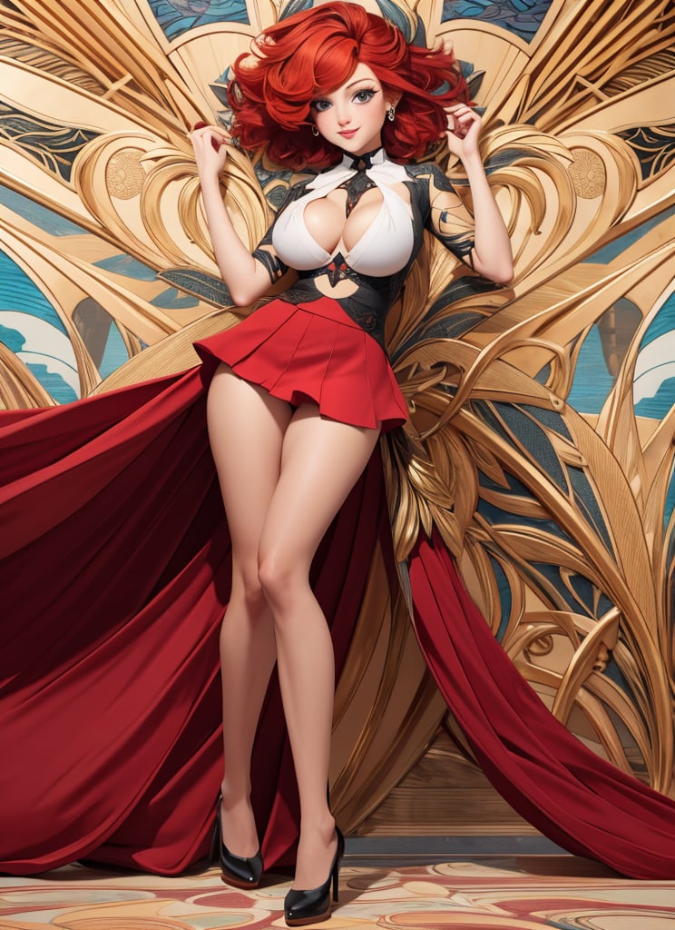 perspective, flat boobs, big ass, red hair, short hair, thighs, red skirt, sexy pose, full body, art_nouveau