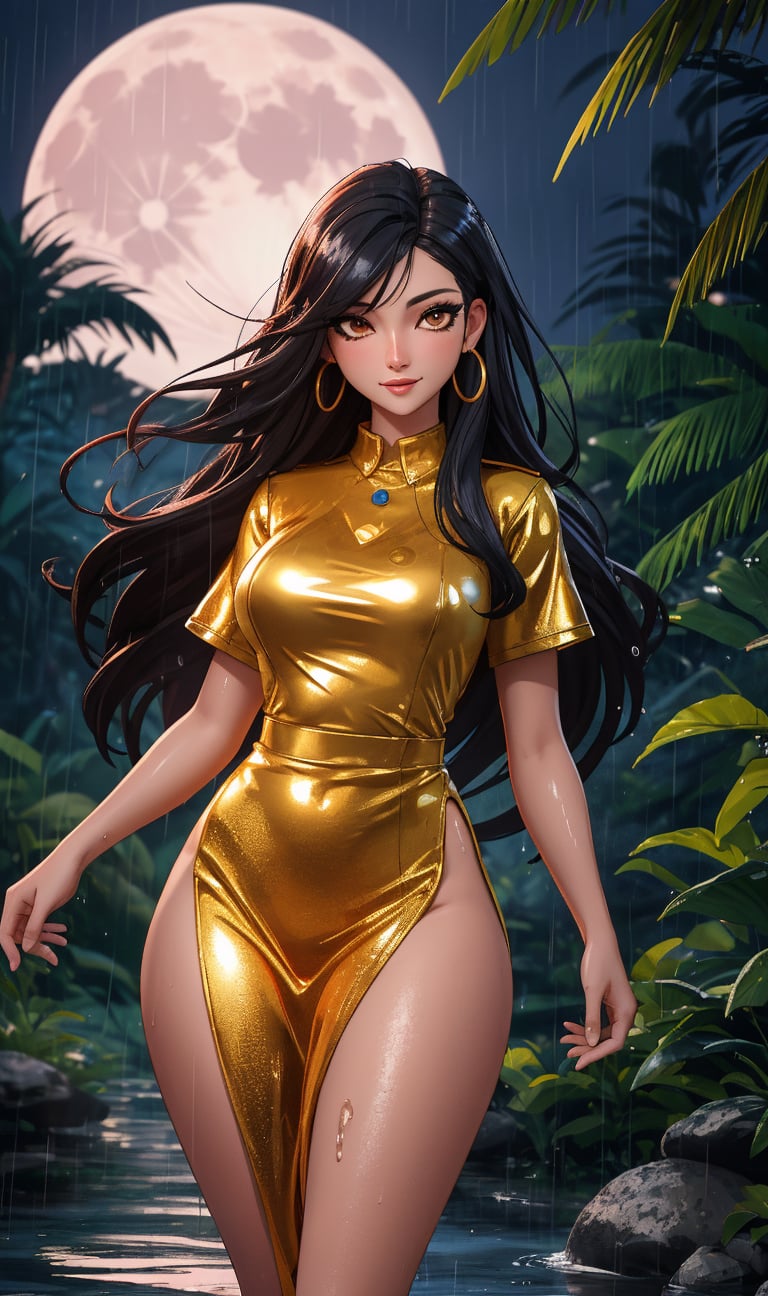 hot woman, sexy, jungle, wet, rain, lighting, big moon, night, big thighs, perspective, long hair, golden dress, sensual. uniform, neon, red skin