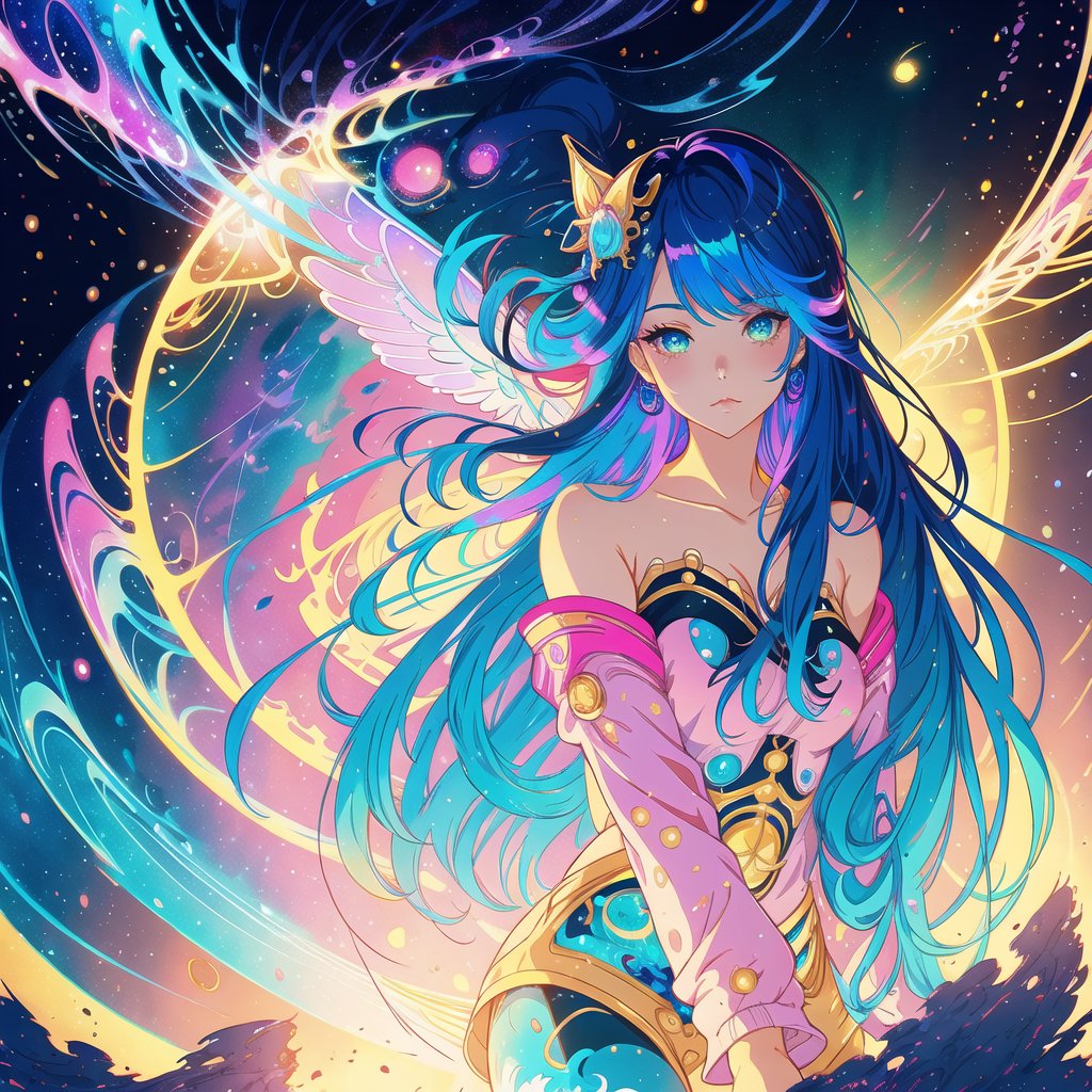 a close up of a woman with long hair and a star in her hair, rossdraws pastel vibrant, anime girl with cosmic hair, beeple and jeremiah ketner, illustration iridescent, loish art style, beautiful digital illustration, jen bartel, loish and wlop, stunning digital illustration, glossy digital painting, gorgeous digital painting, a beautiful artwork illustration, blue hair, wings, thighs, long legs, long hair,