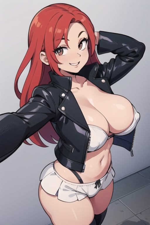 A woman wearing a leather jacket and bloomers, beautiful, dyed hair, smiling, red hair, perspective, sexy