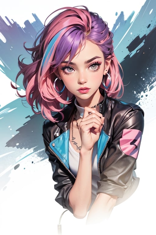 1girl,solo,jewelry,earrings,pink hair,jacket,necklace,looking at viewer,piercing,short hair,tattoo,upper body,black jacket,turtleneck,nose,grey eyes,realistic,purple hair,bangs,ear piercing,makeup,open clothes,gradient,open jacket,eyelashes,multicolored hair,gradient background,lips,closed mouth,shirt,mascara,breasts,simple background,