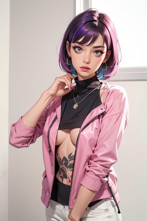 1girl,solo,jewelry,earrings,pink hair,jacket,necklace,looking at viewer,piercing,short hair,tattoo,upper body,black jacket,turtleneck,nose,grey eyes,realistic,purple hair,bangs,ear piercing,makeup,open clothes,gradient,open jacket,eyelashes,multicolored hair,gradient background,lips,closed mouth,shirt,mascara,breasts,simple background,