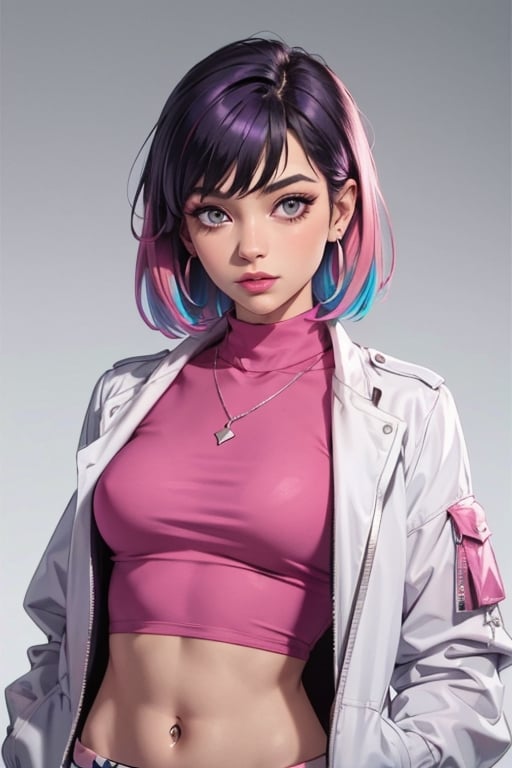 1girl,solo,jewelry,earrings,pink hair,jacket,necklace,looking at viewer,piercing,short hair,tattoo,upper body,black jacket,turtleneck,nose,grey eyes,realistic,purple hair,bangs,ear piercing,makeup,open clothes,gradient,open jacket,eyelashes,multicolored hair,gradient background,lips,closed mouth,shirt,mascara,breasts,simple background,