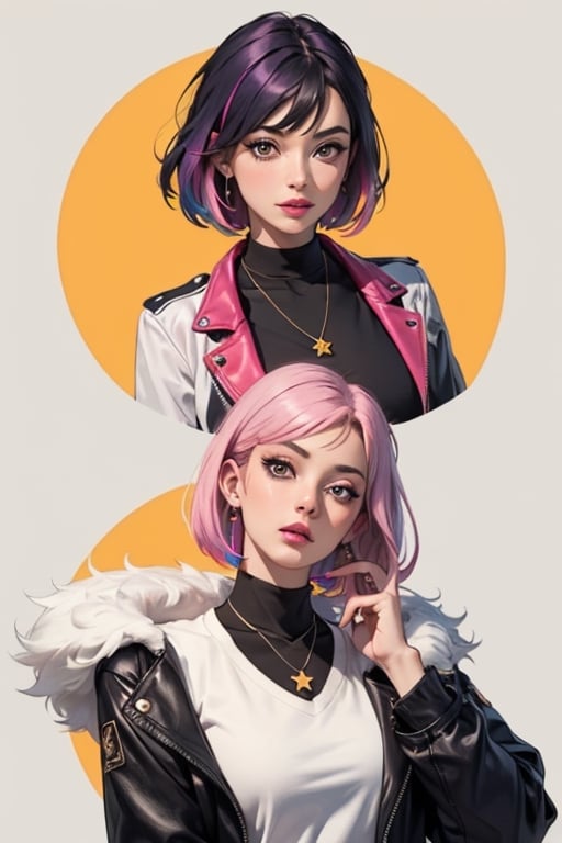 1girl,solo,jewelry,earrings,pink hair,jacket,necklace,looking at viewer,piercing,short hair,tattoo,upper body,black jacket,turtleneck,nose,grey eyes,realistic,purple hair,bangs,ear piercing,makeup,open clothes,gradient,open jacket,eyelashes,multicolored hair,gradient background,lips,closed mouth,shirt,mascara,breasts,simple background,