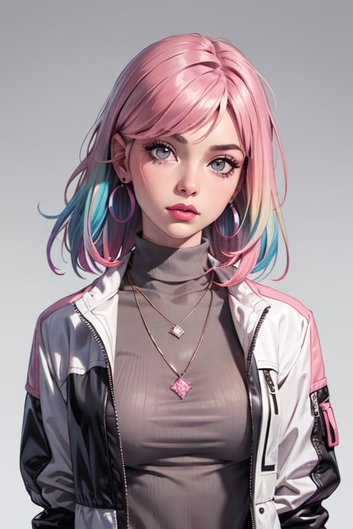 1girl,solo,jewelry,earrings,pink hair,jacket,necklace,looking at viewer,piercing,short hair,tattoo,upper body,black jacket,turtleneck,nose,grey eyes,realistic,purple hair,bangs,ear piercing,makeup,open clothes,gradient,open jacket,eyelashes,multicolored hair,gradient background,lips,closed mouth,shirt,mascara,breasts,simple background,