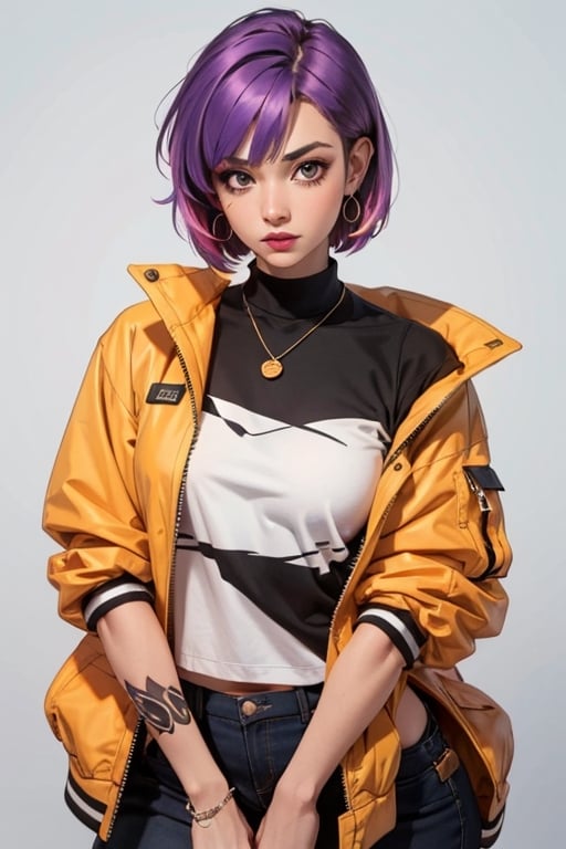 1girl,solo,jewelry,earrings,pink hair,jacket,necklace,looking at viewer,piercing,short hair,tattoo,upper body,black jacket,turtleneck,nose,grey eyes,realistic,purple hair,bangs,ear piercing,makeup,open clothes,gradient,open jacket,eyelashes,multicolored hair,gradient background,lips,closed mouth,shirt,mascara,breasts,simple background,