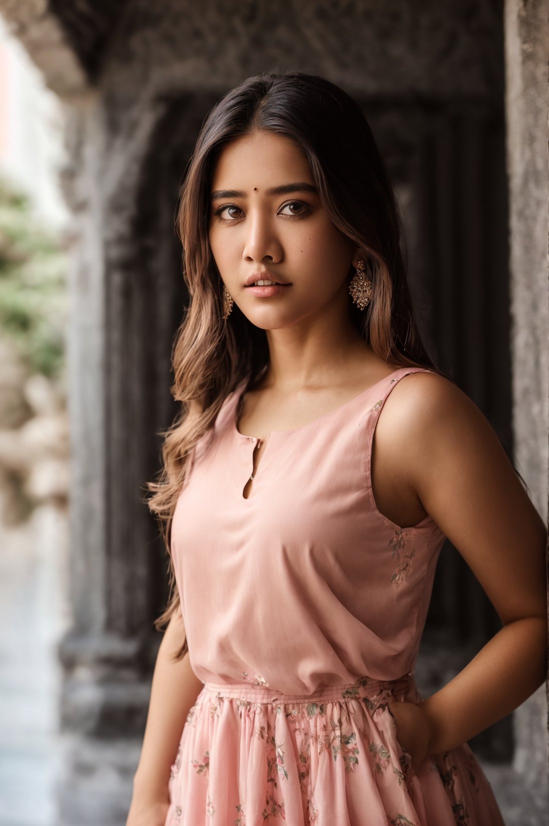 8k portrait of beautiful girl, in pink dress,standing at temple
