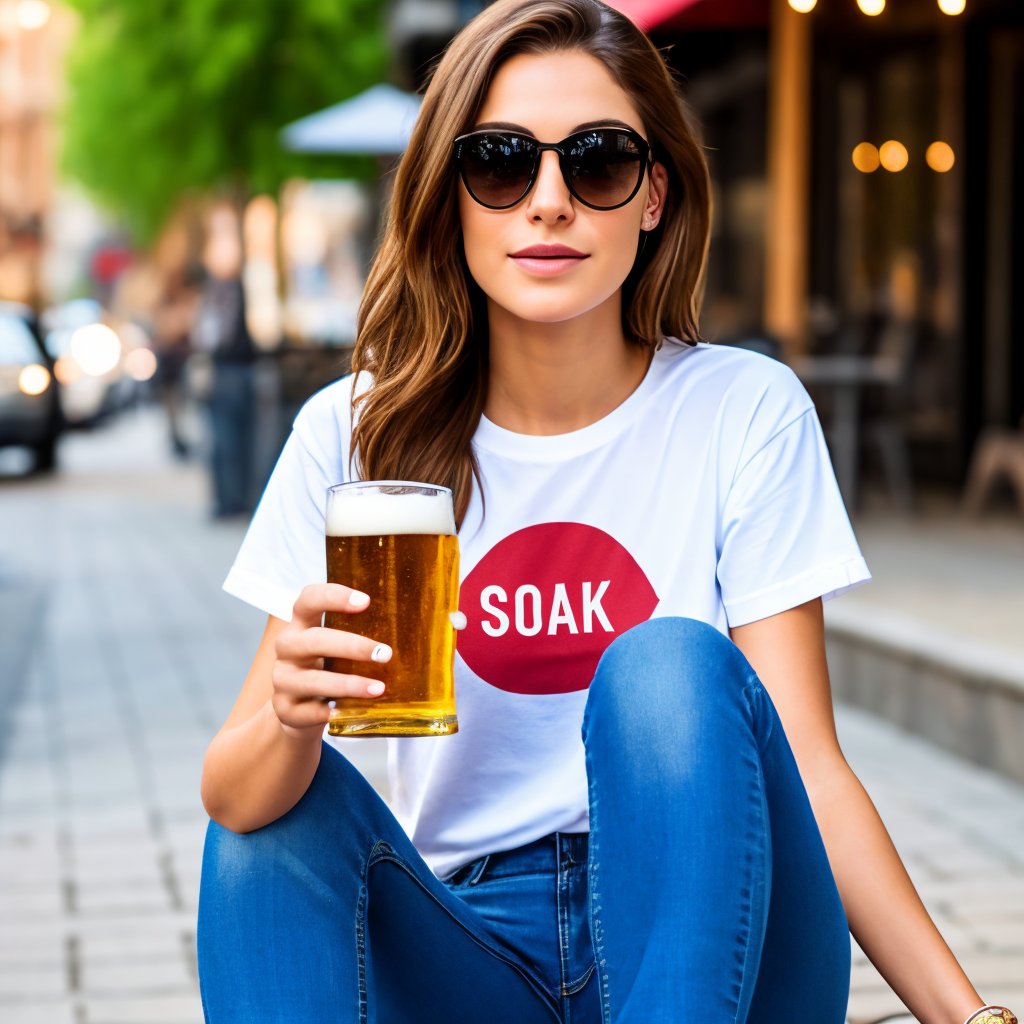 realistic model,20 years beautiful girl,in red t shirt, jeans, sitting and drinking beer, real model, real skin, 8k, photo realism