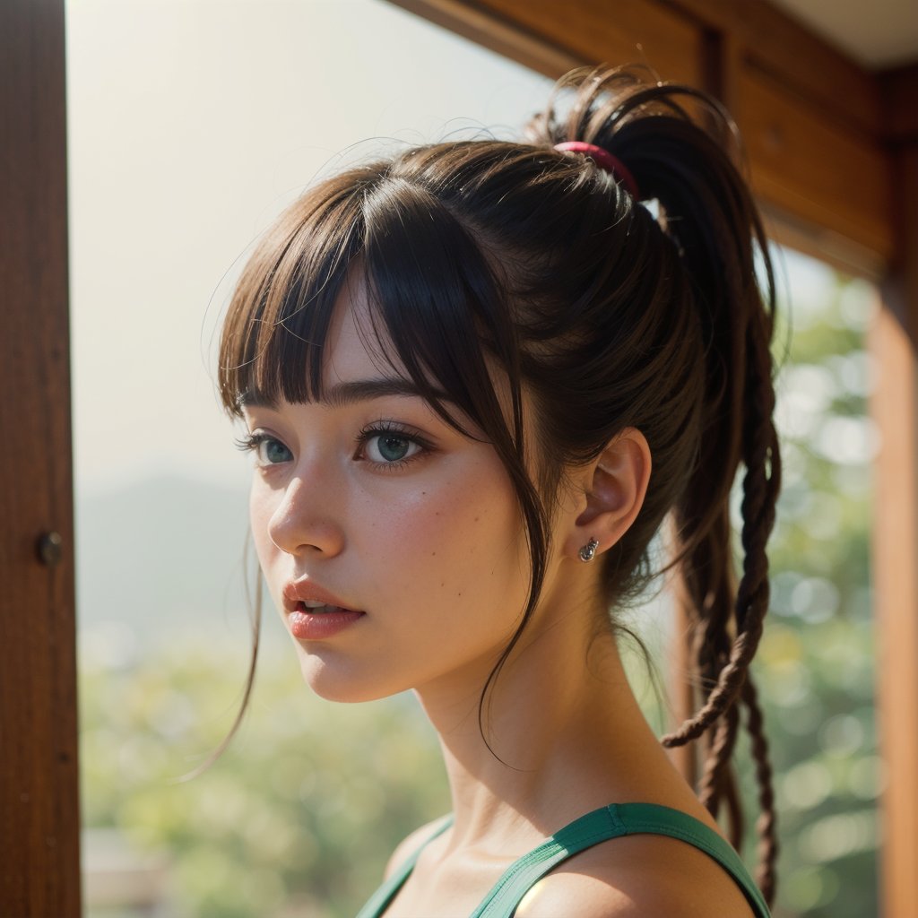 Protrait, photograph, androgynous hunnuman, oval jaw, delicate features, beautiful face, dreadlocked hair, long bangs, long ponytail, bright blue-green eyes, hindu art, Korean