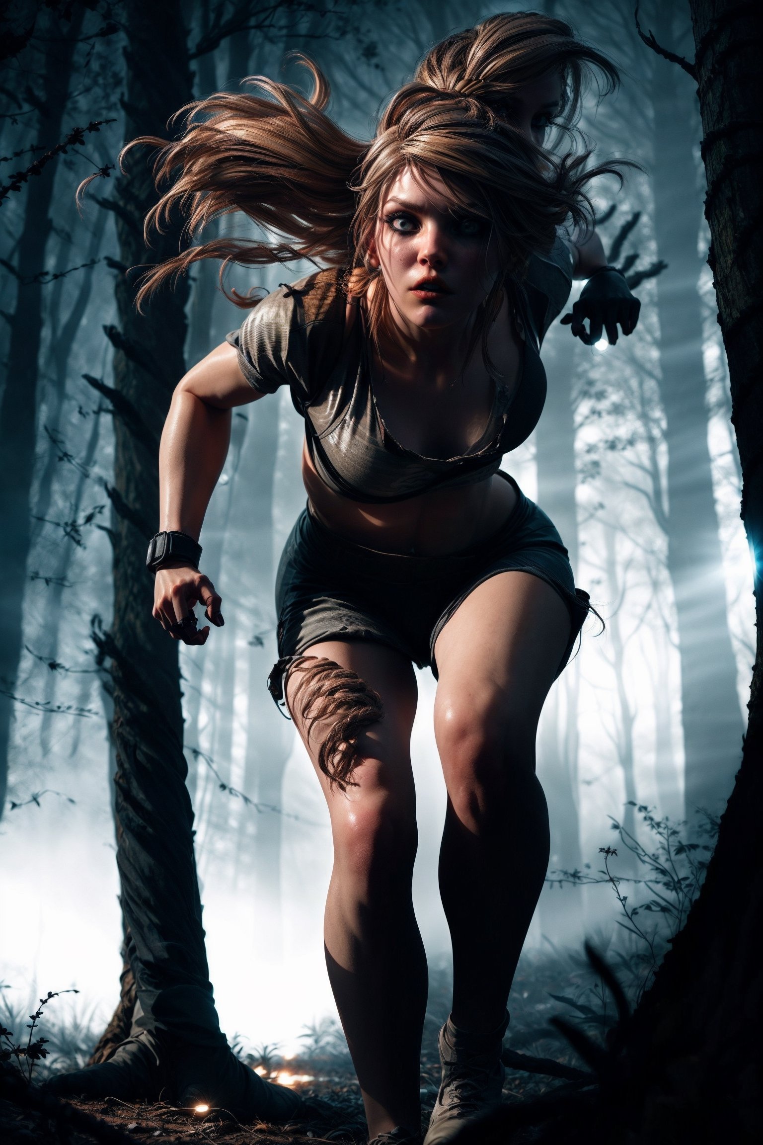 A close-up of a young and attractive woman running through a dark forest at night. She looks back terrified, with long hair flying behind. She holds a flashlight high up, illuminating the twisted trees around her. The image is dramatic, like a horror movie poster