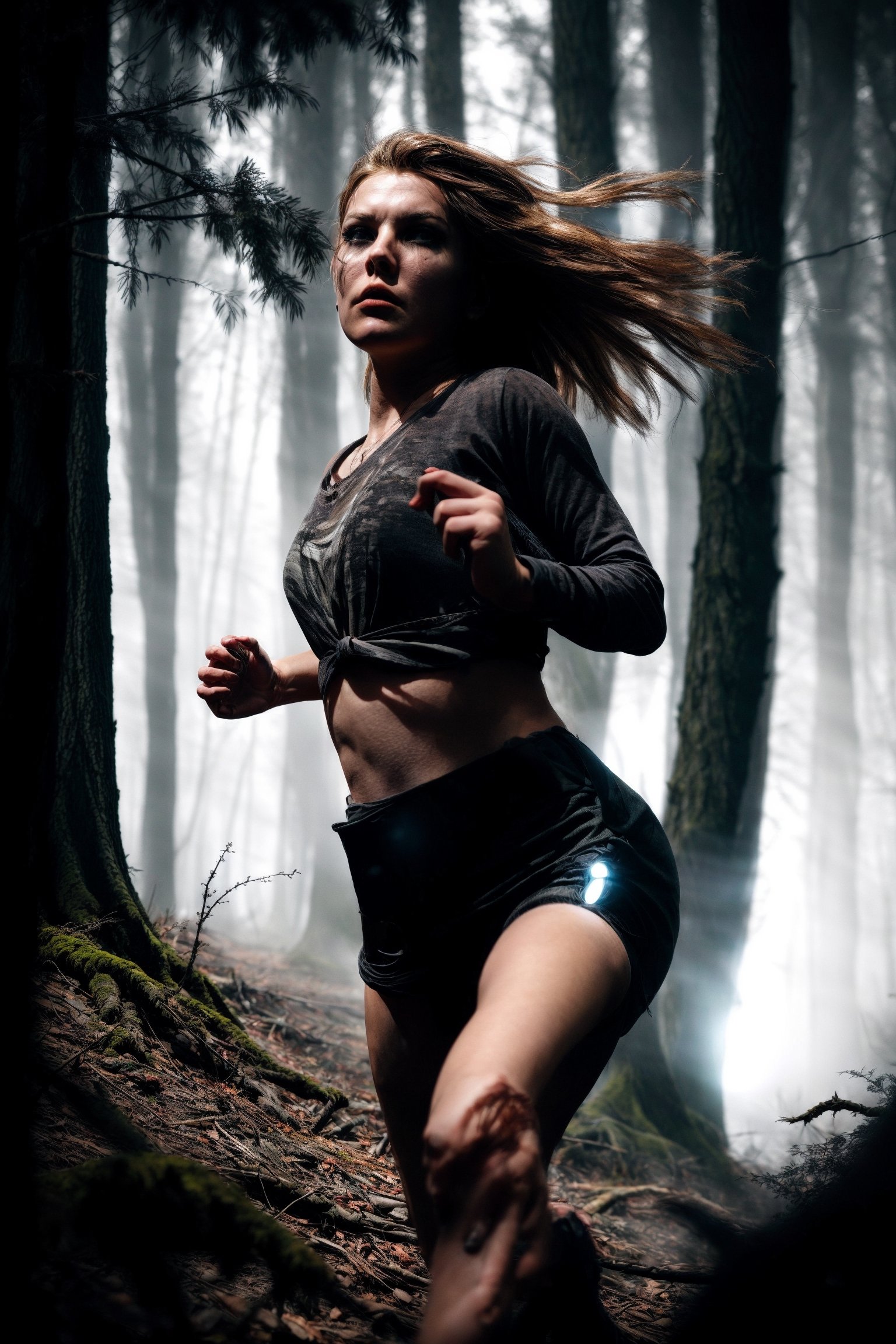 A close-up of a young and attractive woman running through a dark forest at night. She looks back terrified, with long hair flying behind. She holds a flashlight high up, illuminating the twisted trees around her. The image is dramatic, like a horror movie poster