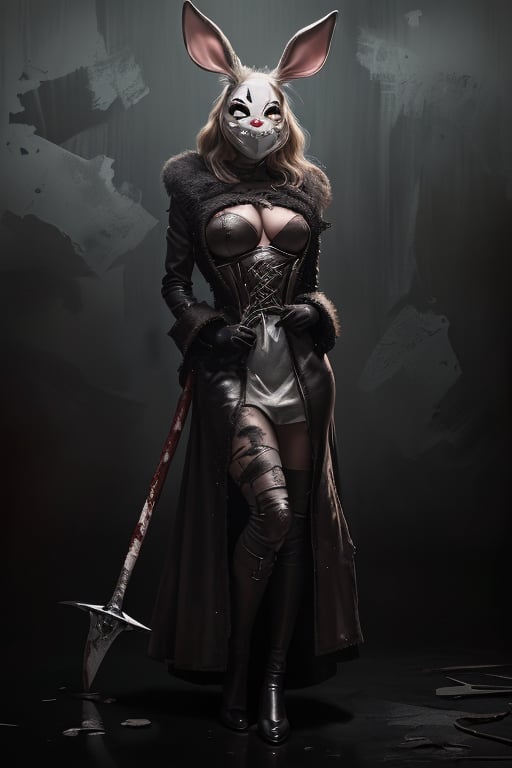 A tall, beautiful Russian woman with long flowing hair, standing powerfully while holding a large axe. She is wearing fur clothes and has ample cleavage. She has a cute bunny mask covering her face. Photorealistic portrait painting, Extreme close-up in dramatic perspective of a terrifying rabbit mask. Made of leather and fabric in dark brown tones, with stains of wear and scratches that give it a sinister look. Completely black and inexpressive eyes sewn onto the mask. Pointy plastic nose. An exaggerated long smile full of sharp, bloody metallic teeth. Fake white fur whiskers around the mouth. Cheeks sewn together with rough skin patches. Big droopy rabbit ears on each side, also stained and torn. It conveys an incredibly macabre and frightening feeling. Dramatically lit with strong contrasts in reddish tones.,