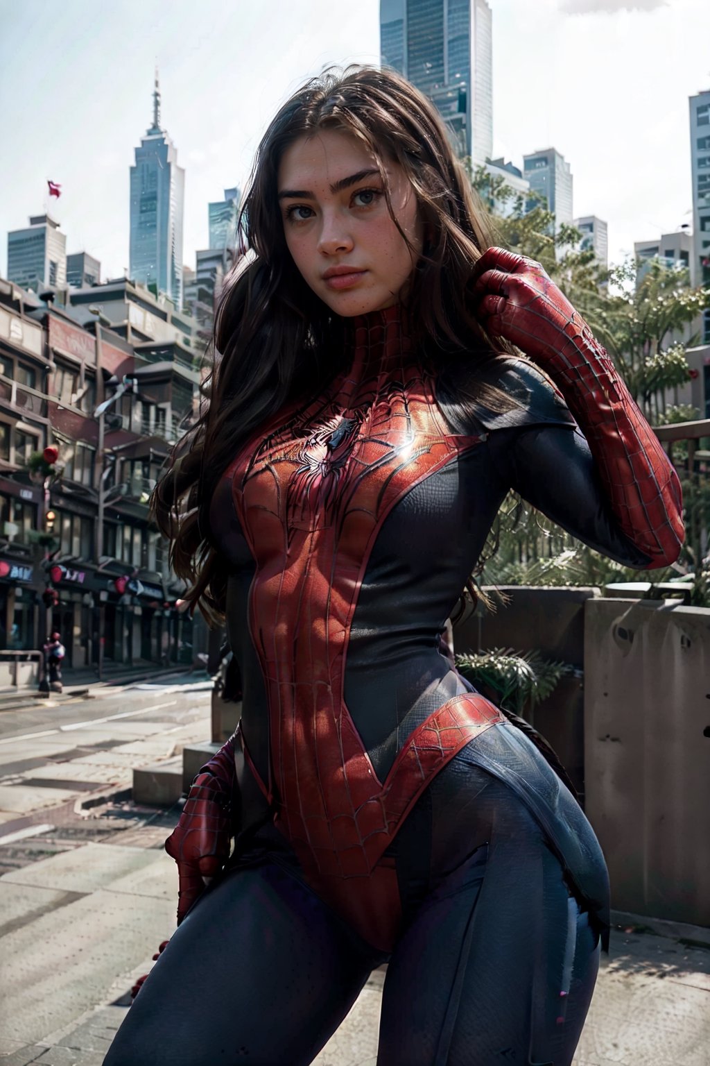 a woman, wearing a spiderman costume,wearing spiderwoman_cosplay_outfit