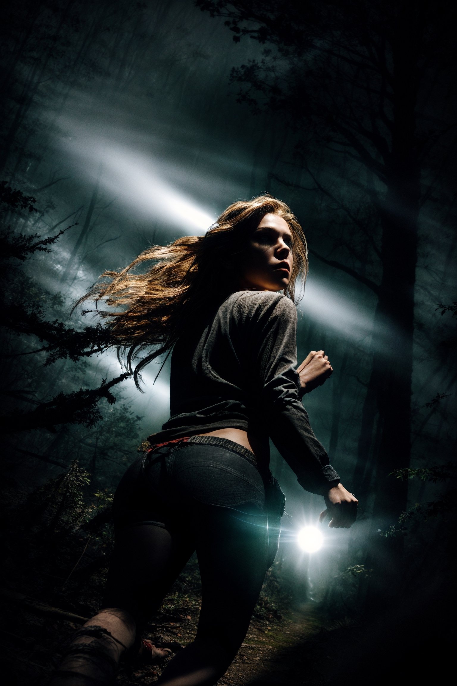 A close-up of a young and attractive woman running through a dark forest at night. She looks back terrified, with long hair flying behind. She holds a flashlight high up, illuminating the twisted trees around her. The image is dramatic, like a horror movie poster