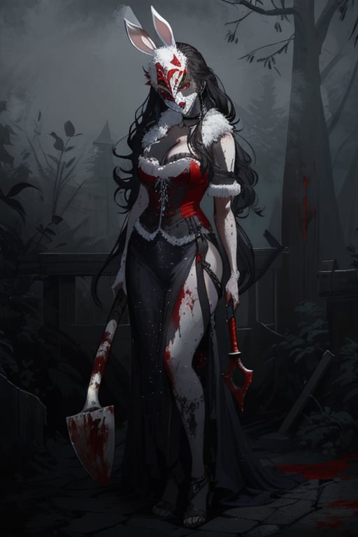 A tall, beautiful Russian woman with long flowing hair, standing powerfully while holding a large axe, and has ample cleavage, a white bunny half mask stained with blood. Only the upper part of the terrifying mask is visible. It is made of soft white faux fur with red bloody handprints on the left cheek. 