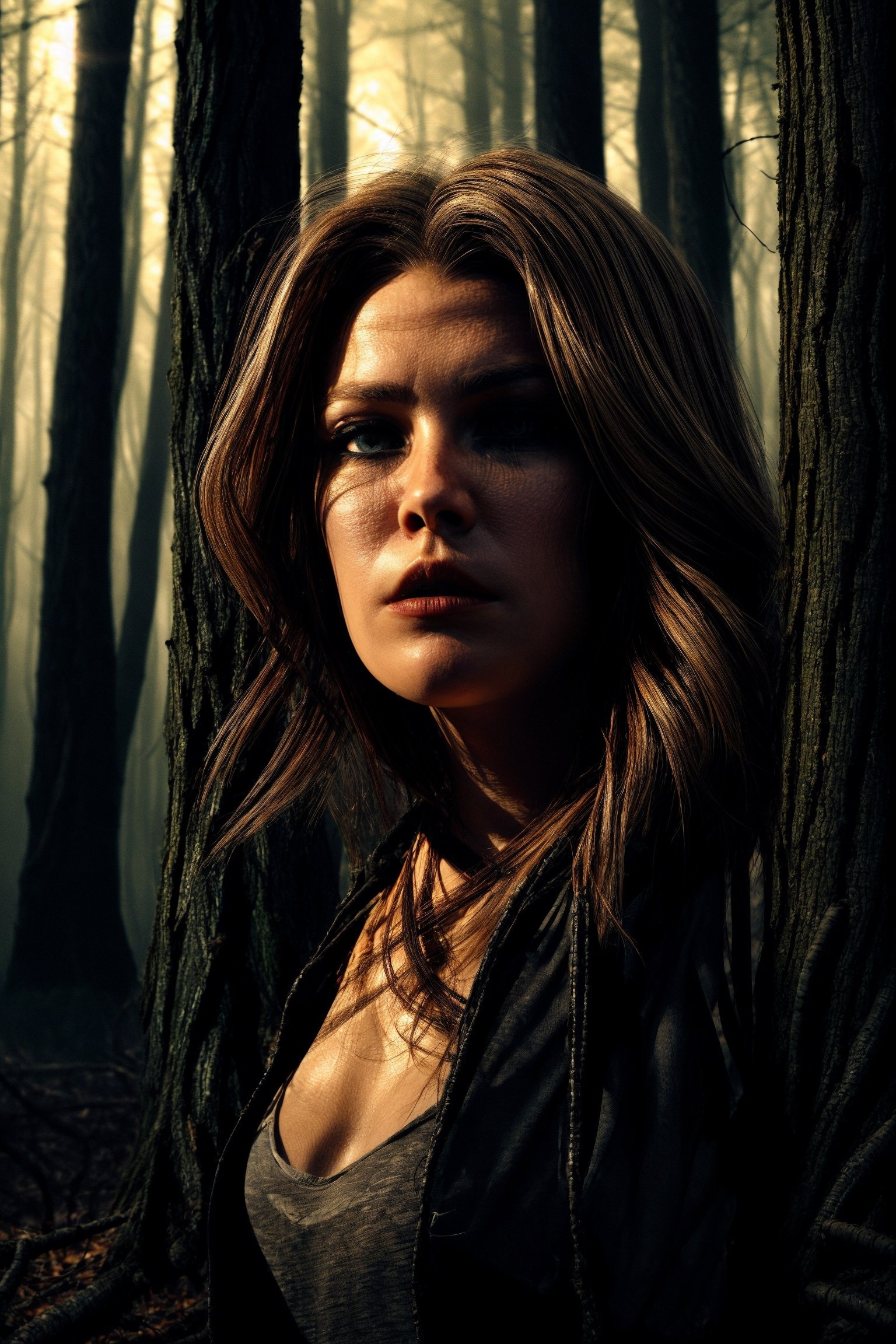 A close-up of a young and attractive woman running through a dark forest at night. She looks back terrified, with long hair flying behind. She holds a flashlight high up, illuminating the twisted trees around her. The image is dramatic, like a horror movie poster