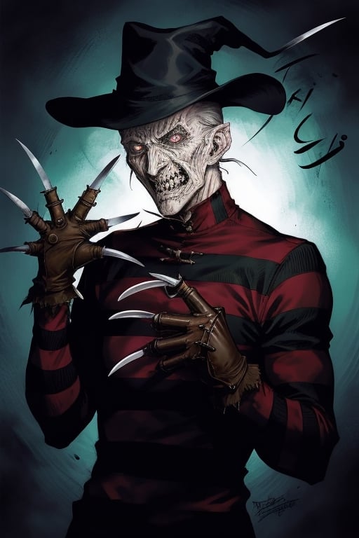 a creepy man with a glove tha has knives on the fingers in his right hand only, a character portrait by Jason Edmiston, pixabay contest winner, verdadism, nightmare, #vfxfriday, green and red striped long sleeve shirt, creepypasta,FREDKRUG,FREDYKRUE