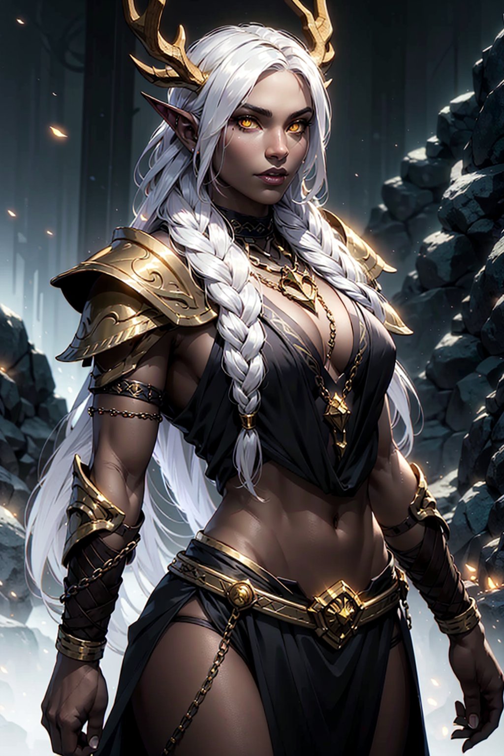 1girl, beautiful muscular athletic barbarian, dark brown skin color, medium breast, wearing a toga, brass chains around chestarea, brass chains around shoulder, golden antlers, crown, glowing yellow eyes, long foxtail, braided white hair, braided, green hills, athletic, volumetric lighting, best quality, masterpiece, realistic,drow