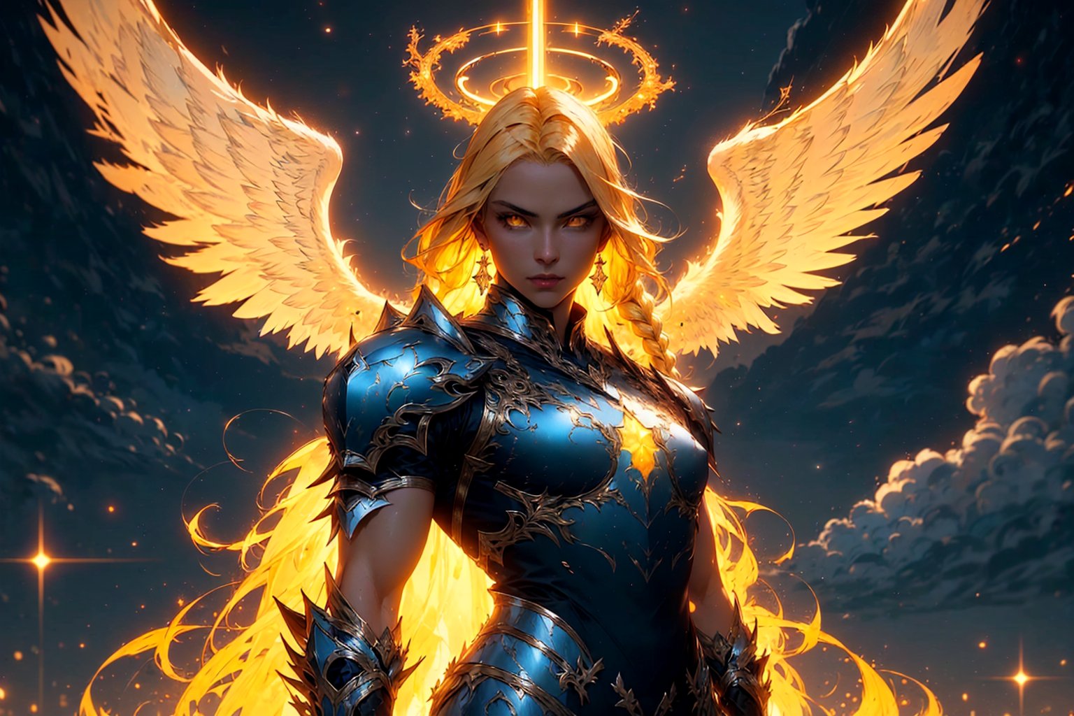 1girl, beautiful aasimar, 30 Years, small breast, paladin platearmor, arrogant glowing yellow eyes, dominant face, blonde long hair, braided, 6 huge transparent glowing celestial wings, (6 huge glowing celestial wings), fantasy town outdoors, athletic, halo, muscular, volumetric lighting, best quality, masterpiece, realistic,r1ge